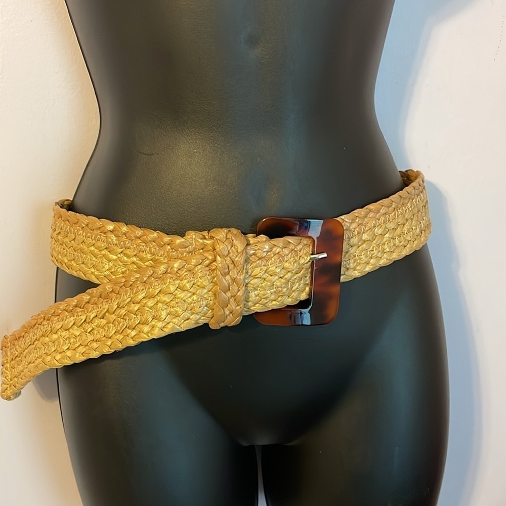 Braided Straw Two Tone Belt With Resin Tortoiseshell Buckle size XS/S